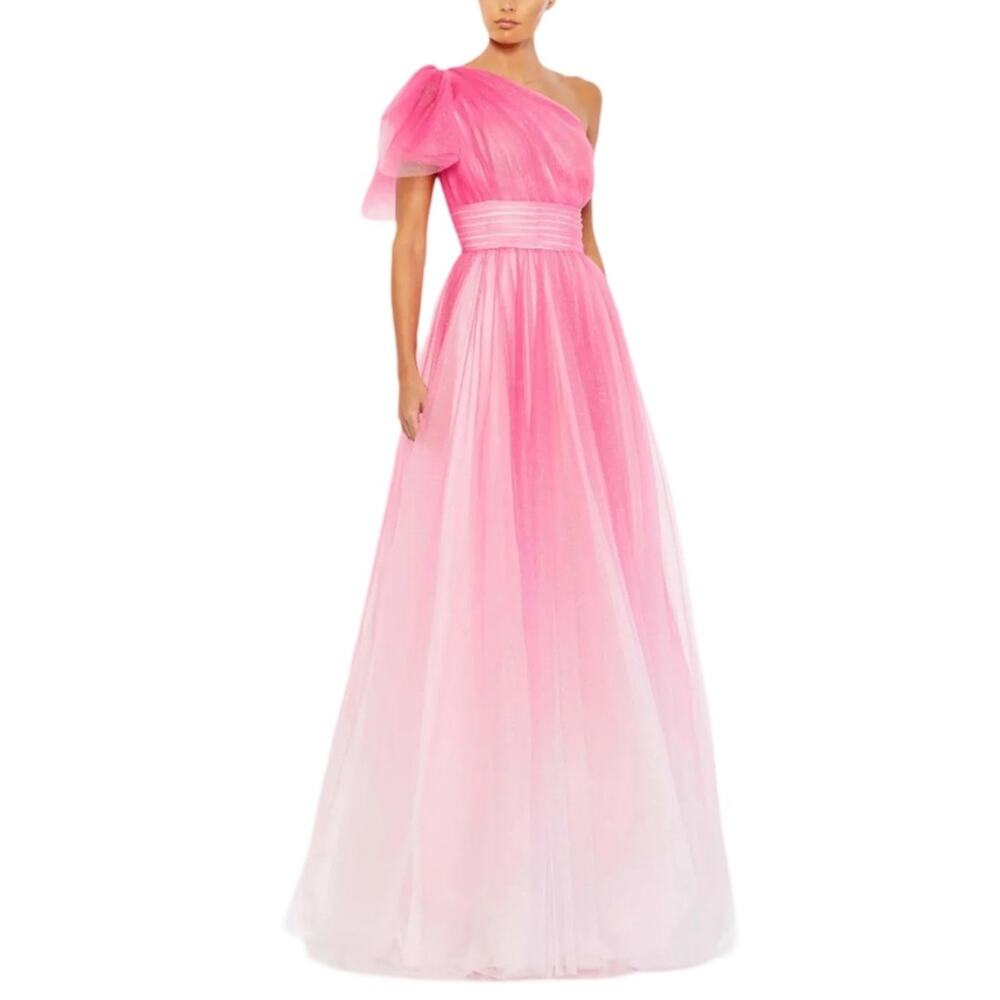 Mac Duggal Pink Glitter Ombre Ruffled One Shoulder Ballgown 20377 Women’s Sz 6